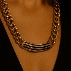 Vintage 80s Gold Plated Black Bar Pendant Statement Necklace with Bold Design